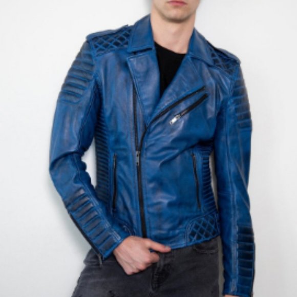 Men's quilted blue leather motorcycle jacket